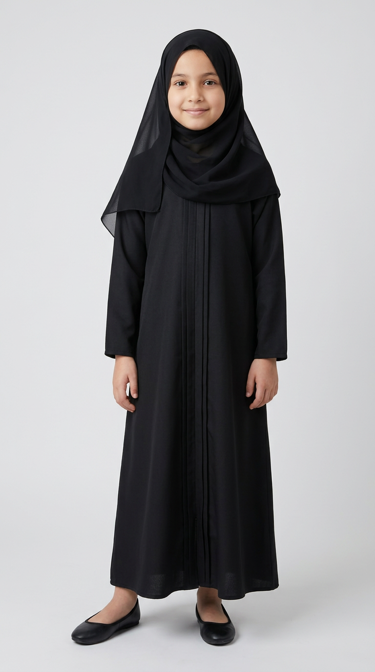 A young girl wearing a long black abaya dress with a matching sheer black hijab and black flats, standing against a light gray studio background.