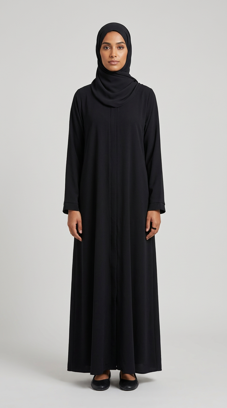 A woman wearing a long-sleeved black abaya and matching black hijab, standing against a solid gray studio background.