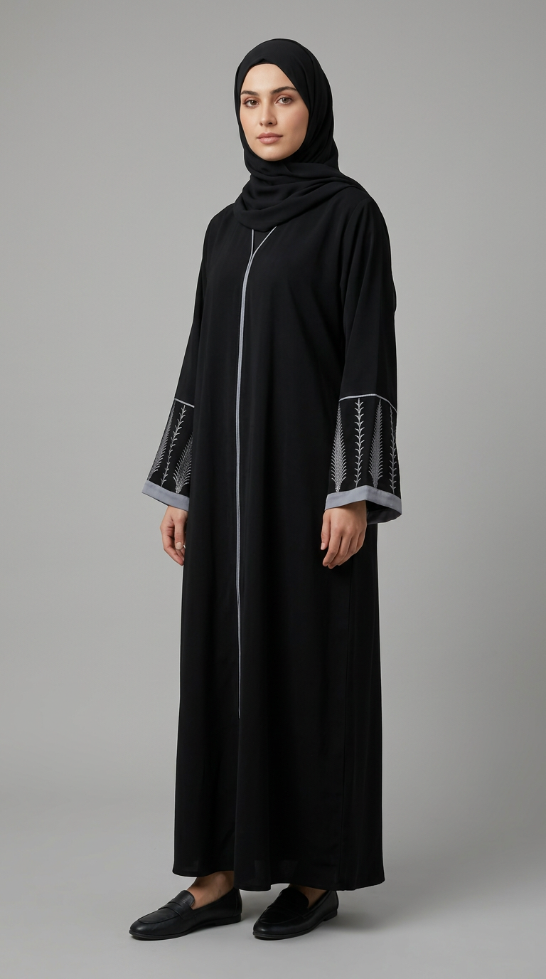 A woman modeling a long black abaya with a front zipper, matching black hijab, and black slip-on shoes against a solid gray studio background.