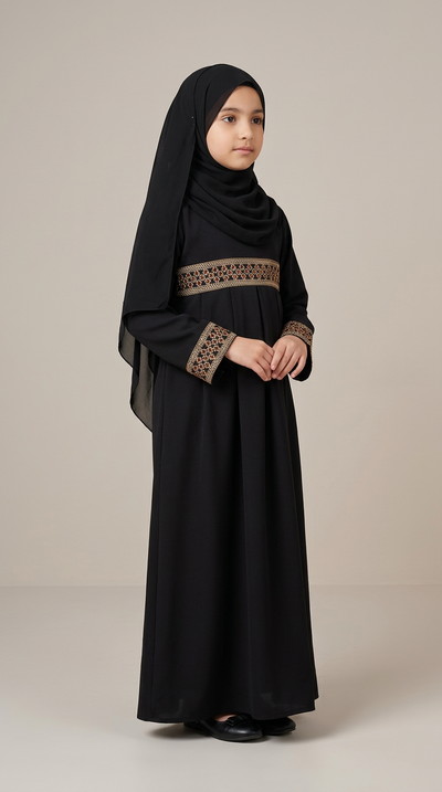 A young girl wearing a long black abaya with gold geometric embroidery on the waist and cuffs, paired with a matching black hijab, standing against a solid beige studio background.
