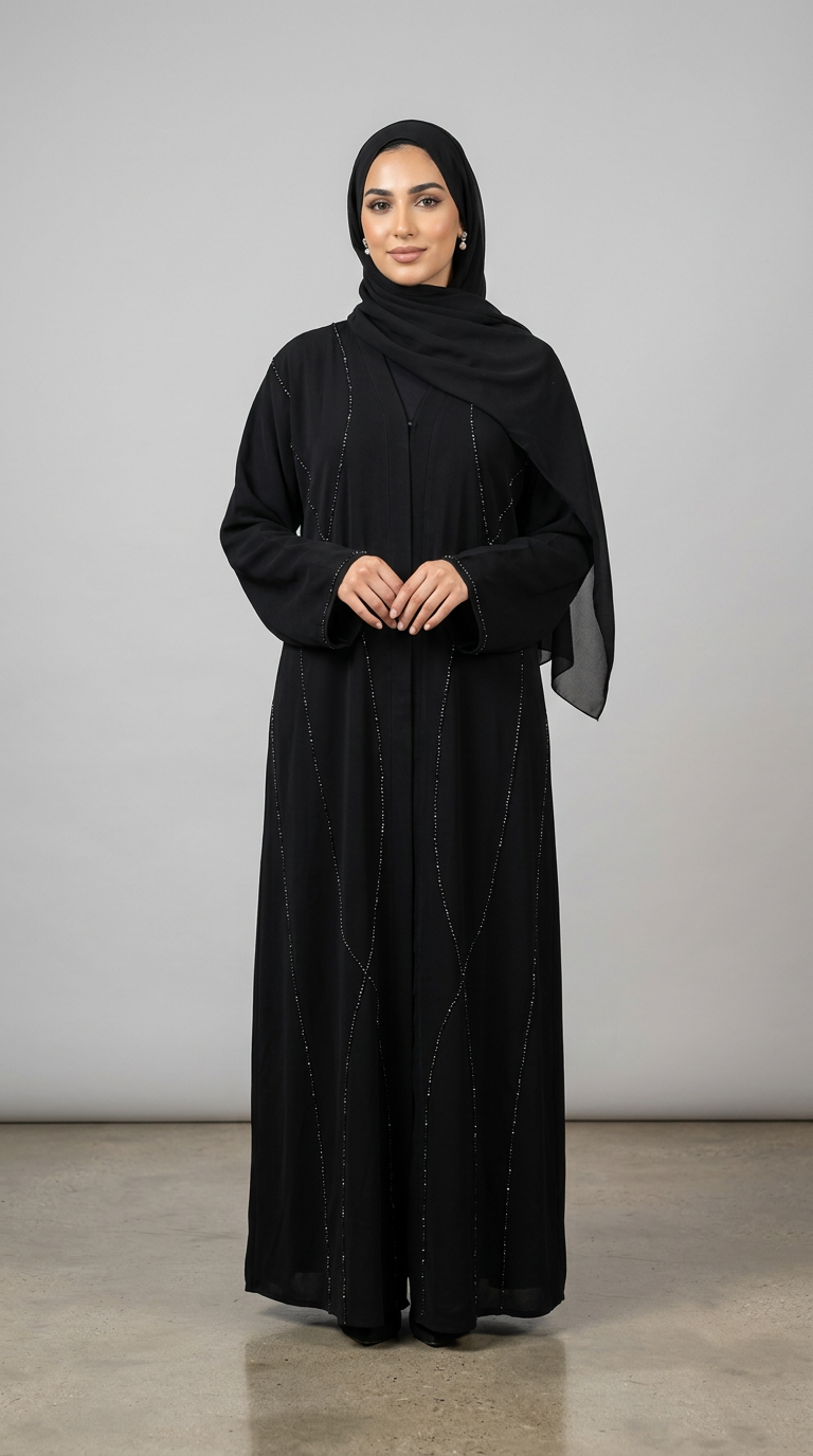 A woman wearing a black abaya with subtle vertical silver-toned embellishments and a matching black hijab, standing against a neutral gray studio background.