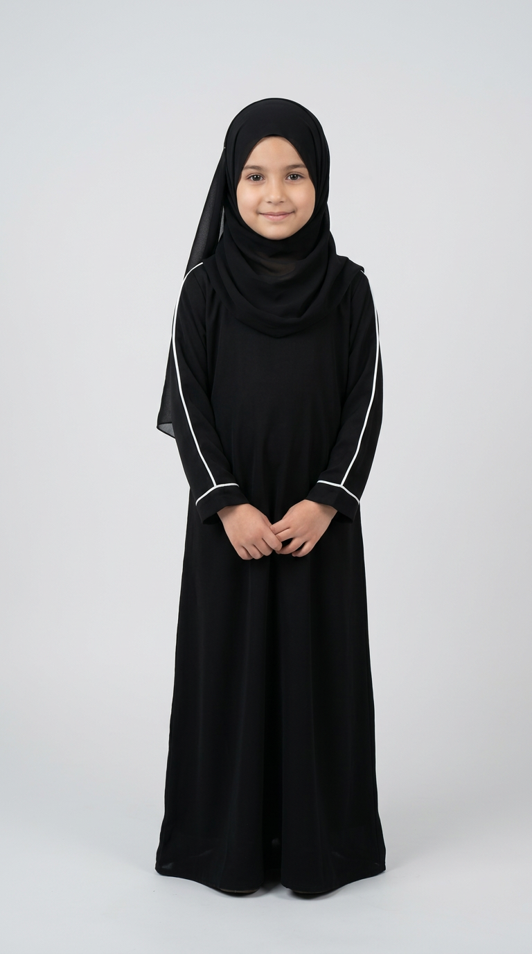 A young girl wearing a black abaya with white piping details on the sleeves and a matching black hijab, standing against a light gray studio background.