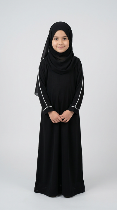 A young girl wearing a black abaya with white piping details on the sleeves and a matching black hijab, standing against a light gray studio background.