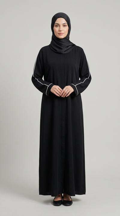 A woman wearing a long black abaya with white piping details on the sleeves and a matching black hijab, standing against a neutral light gray background.