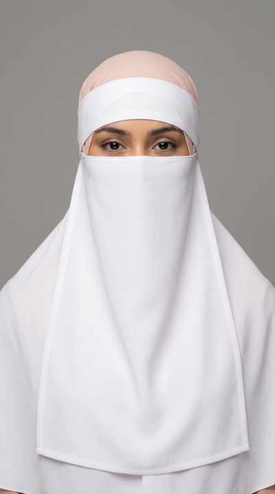 Model wearing a white Easy Band Niqab 02