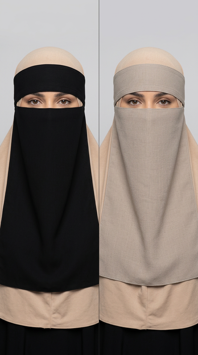 Black and taupe sides of the reversible Double Side Niqab 04