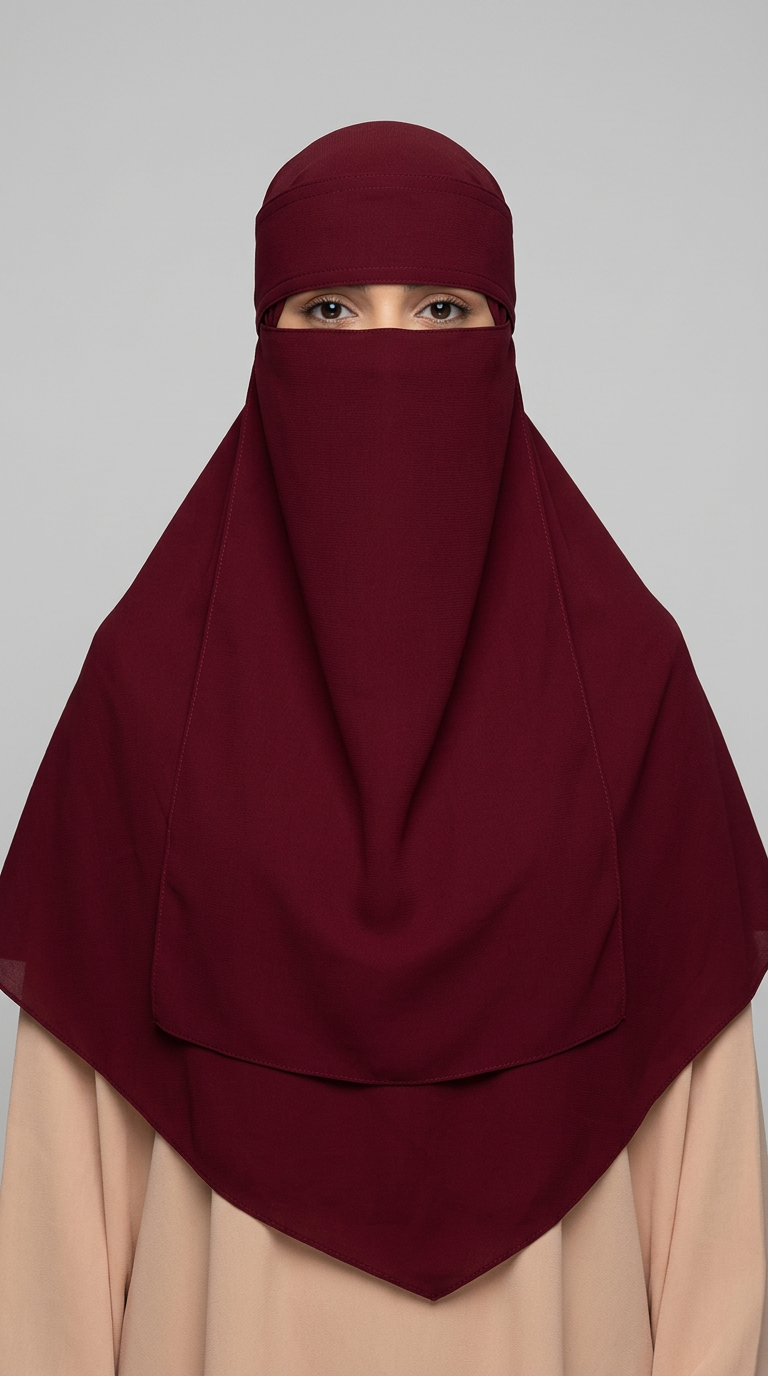 Model wearing a red Clip Niqab 07