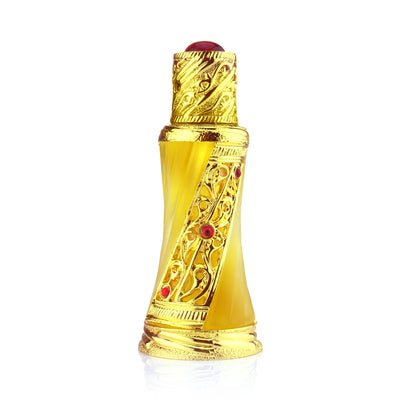 A golden tinted perfume bottle with intricate designs and red stones.