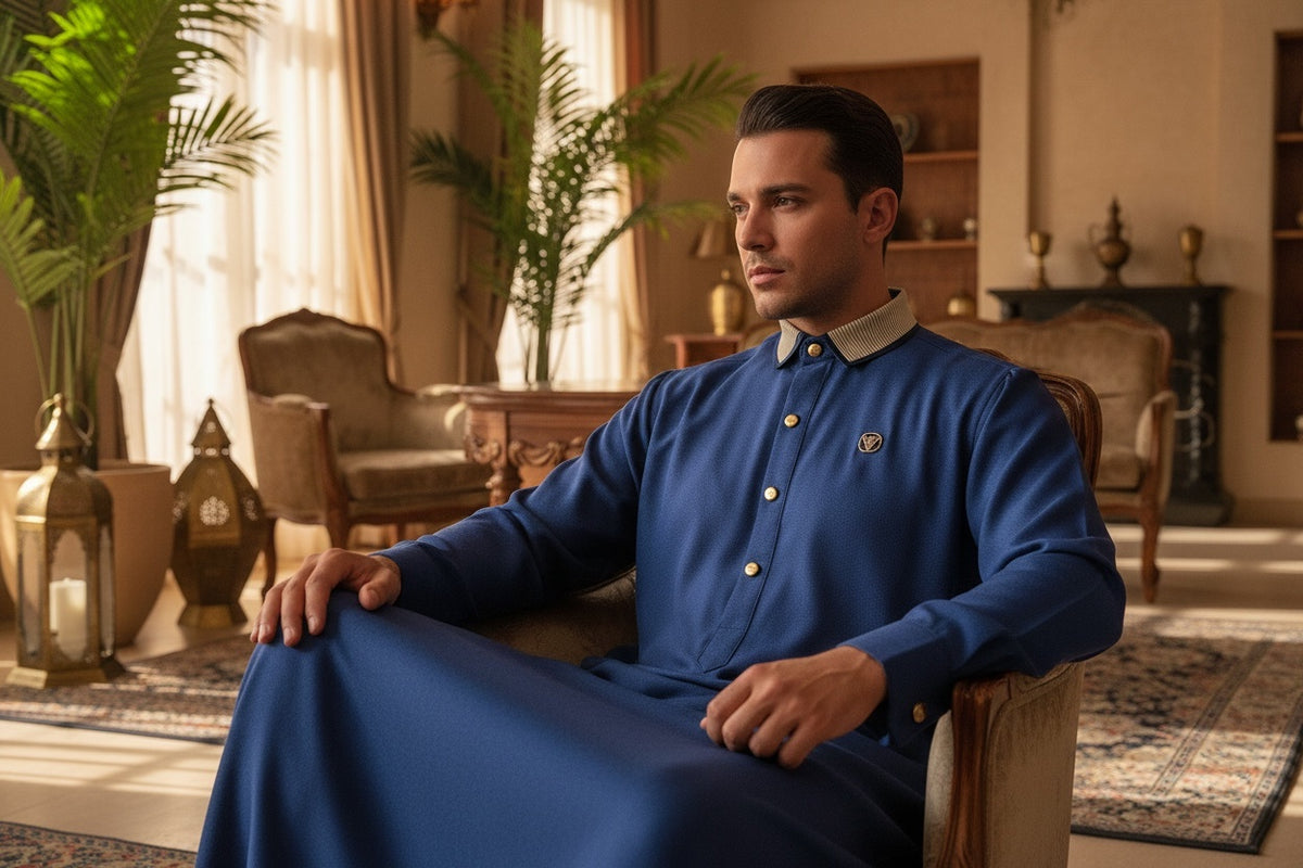 Man in a blue outfit sitting in a stylish room with decor elements. AA2649 AL-AMEER THOBE thobe product image