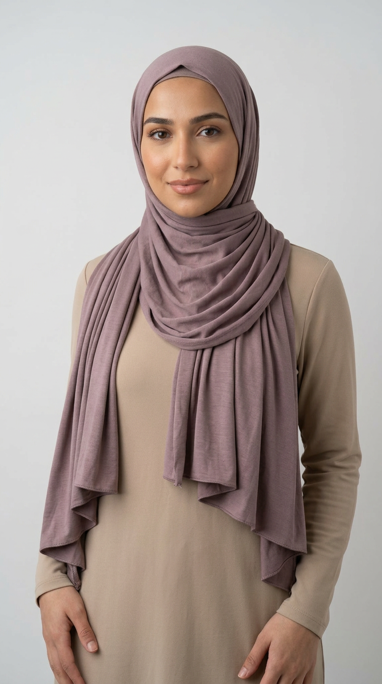Woman wearing the Ash Big Jersey Hijab with a beige top