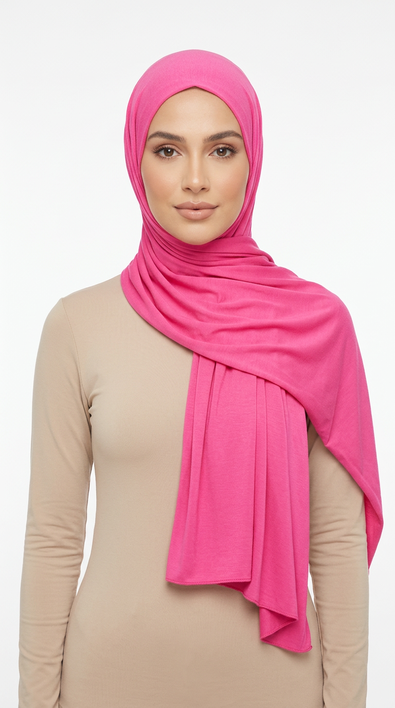 Model wearing a bright pink Premium Jersey Hijab
