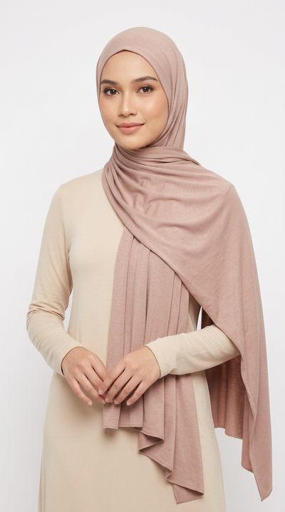 Model wearing a beige Premium Jersey Hijab