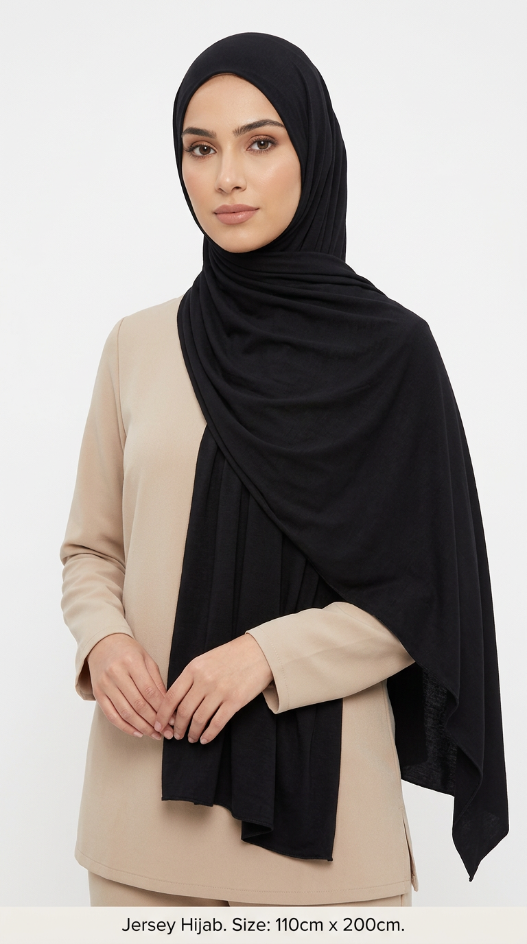 Woman wearing the Black Big Jersey Hijab with a beige top