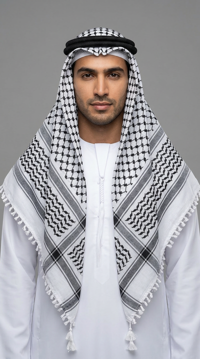 Front view of a man wearing a black and white keffiyeh scarf