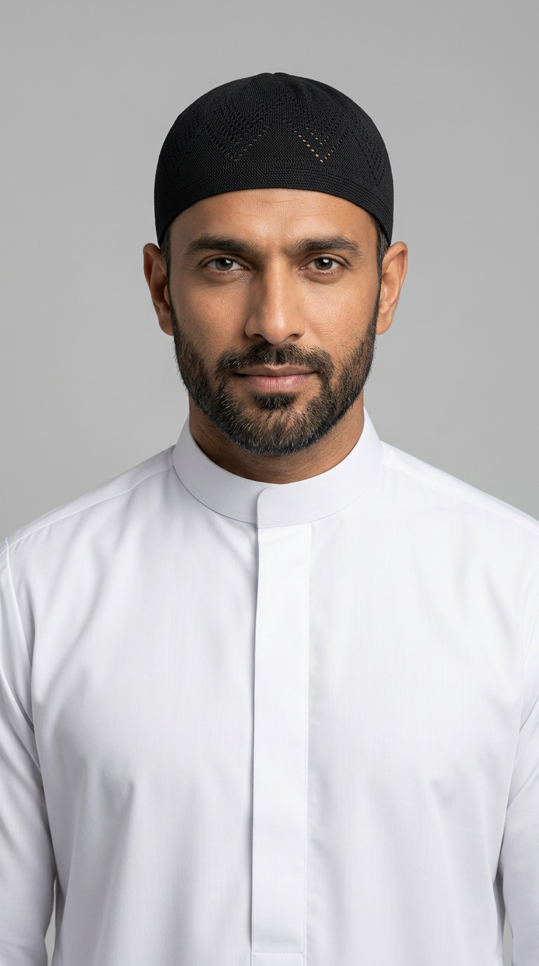 Man wearing a black topi prayer cap, front view