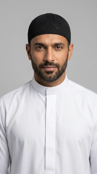 Man wearing a black topi prayer cap, front view