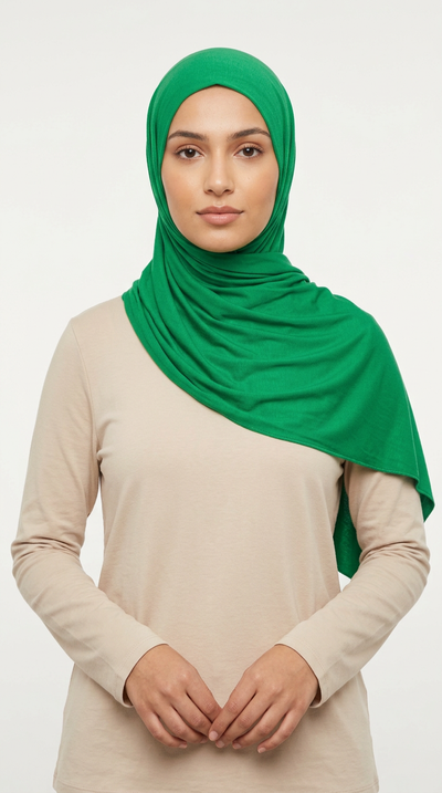 Model wearing a green Premium Jersey Hijab