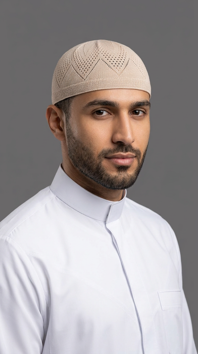 Man wearing a cream topi prayer cap, front view