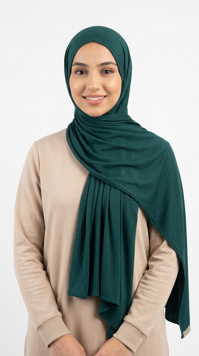 Model wearing a dark teal Premium Jersey Hijab