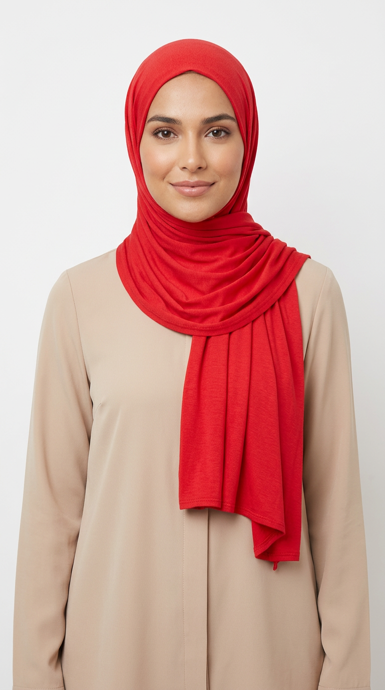 Woman wearing the Red Big Jersey Hijab with a beige top