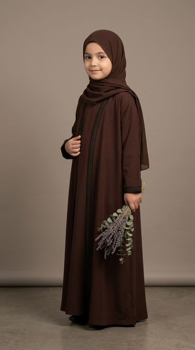 Girls Moroccan abaya with coordinating hijab, model photo