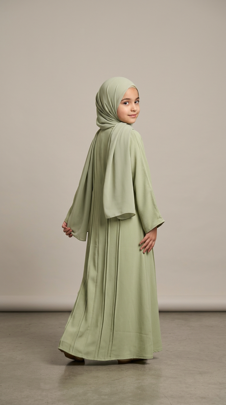 Girls All-Flap abaya with matching hijab, model view