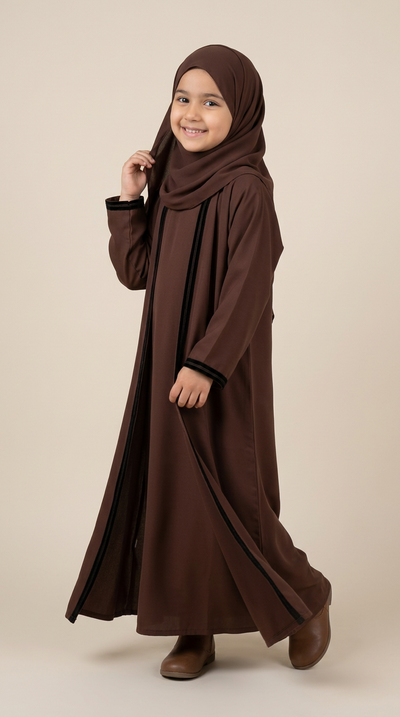 Girl modeling Moroccan-style abaya with matching hijab