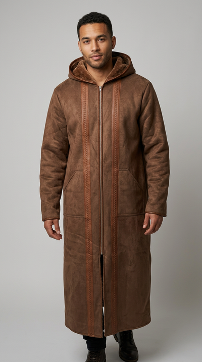 Model wearing a brown Farwa Half Zip Hoody with a long hooded silhouette