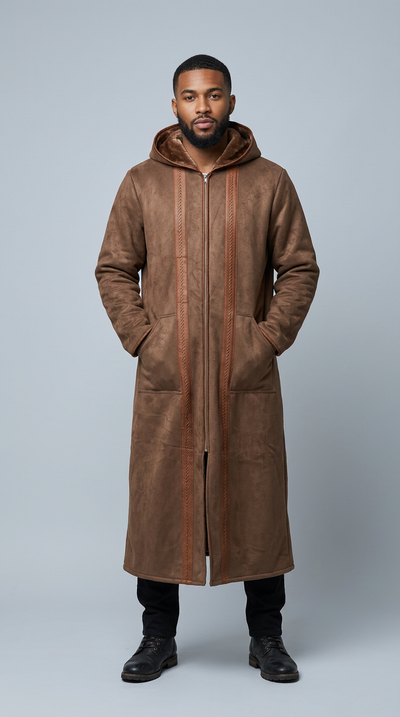 Model wearing a brown Farwa Half Zip Hoody with a long hooded silhouette