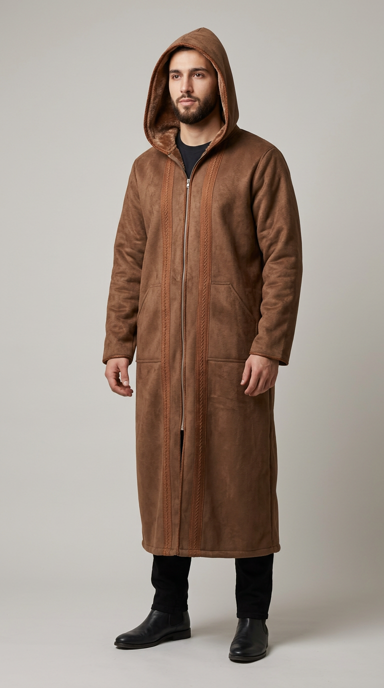 Model wearing a brown Farwa Half Zip Hoody with a long hooded silhouette