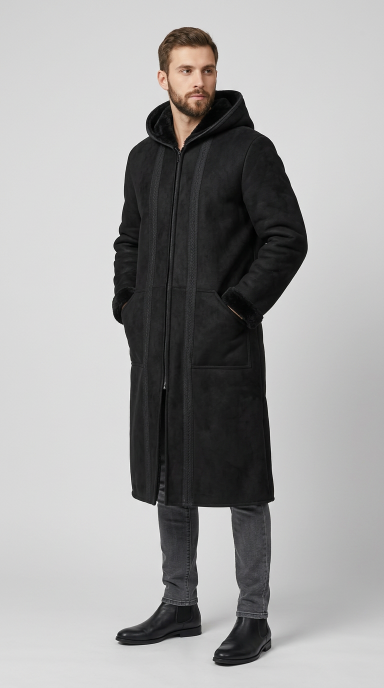 Model wearing a black Farwa Half Zip Hoody with a long hooded silhouette