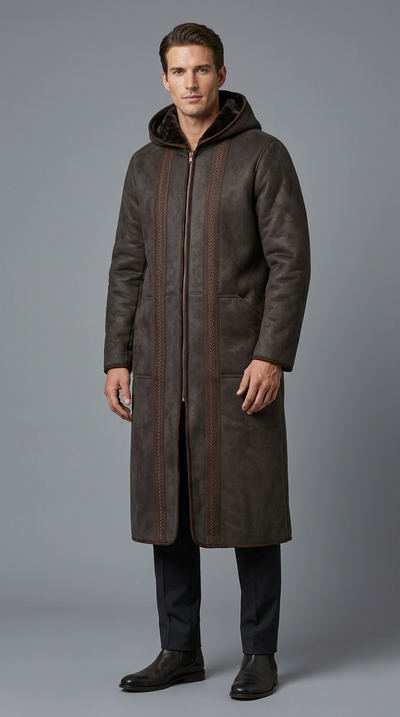 Model wearing a dark brown Farwa Half Zip Hoody with a long hooded silhouette