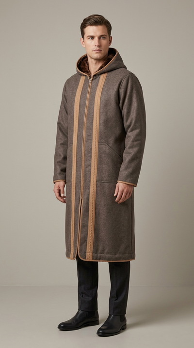 Model wearing a taupe brown Farwa Half Zip Hoody with a long hooded silhouette