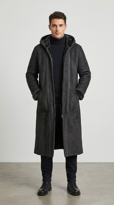 Model wearing a black Farwa Half Zip Hoody with a long hooded silhouette