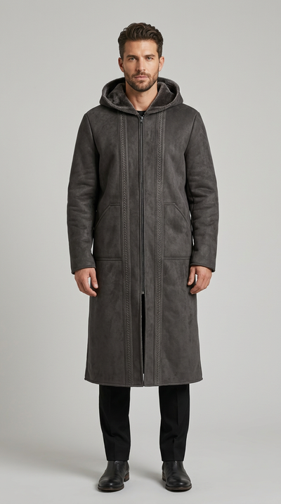 Model wearing a charcoal gray Farwa Half Zip Hoody with a long hooded silhouette