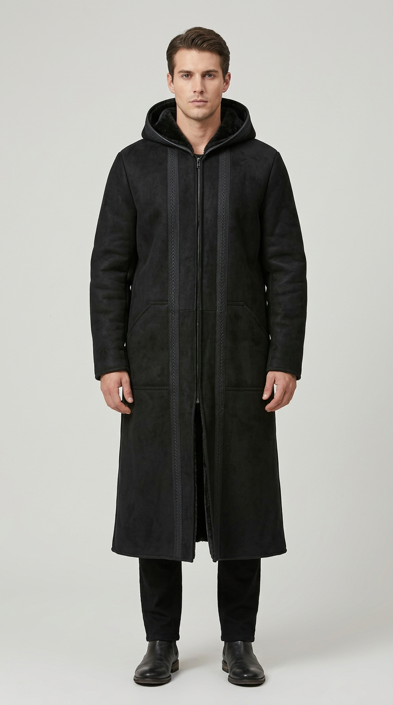 Model wearing a black Farwa Half Zip Hoody with a long hooded silhouette