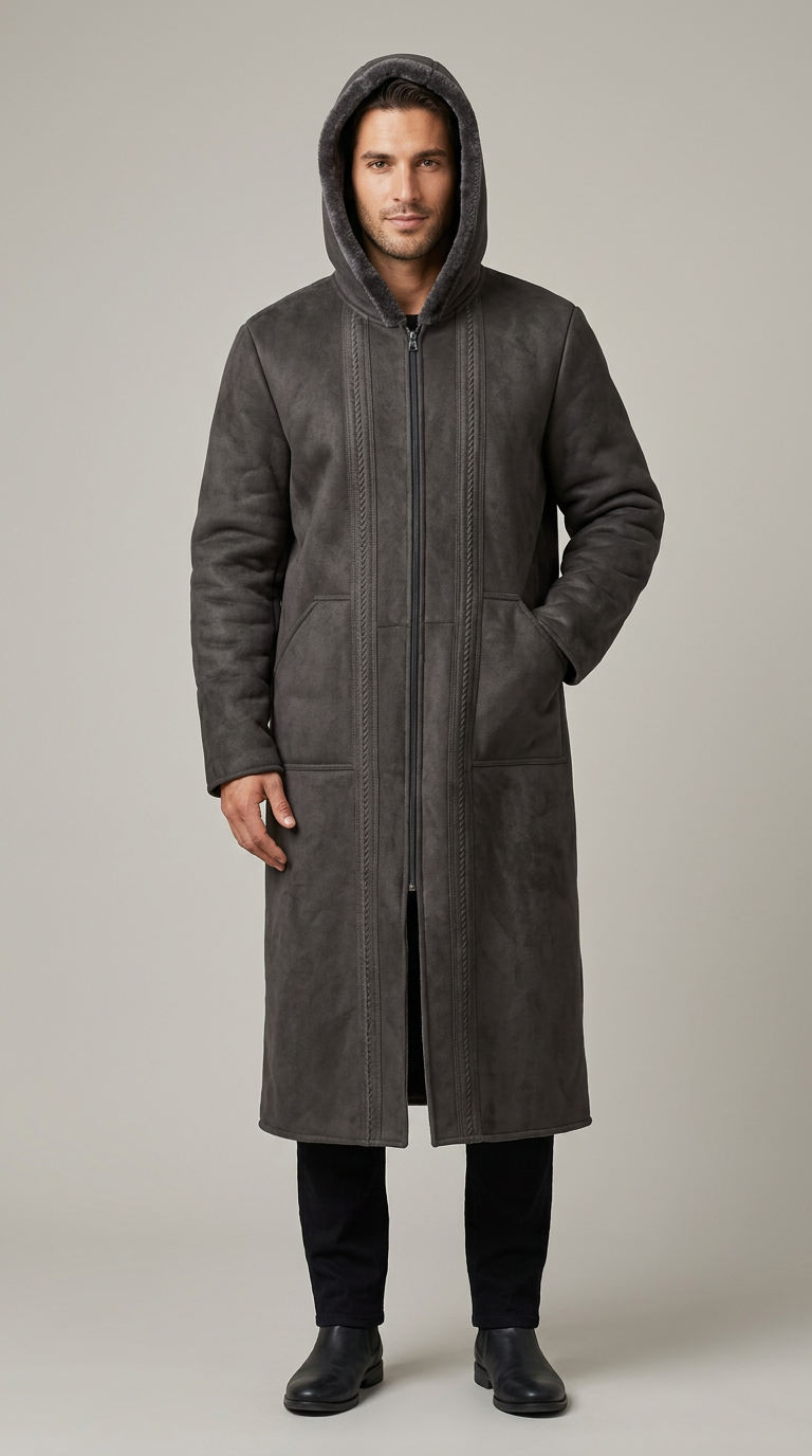Model wearing a gray Farwa Half Zip Hoody with a long hooded silhouette