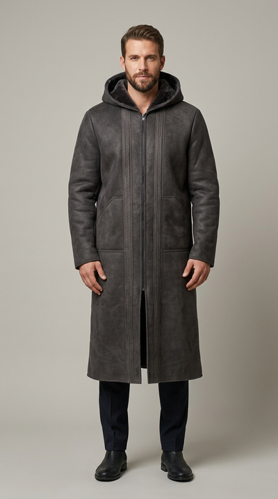 Model wearing a charcoal gray Farwa Half Zip Hoody with a long hooded silhouette
