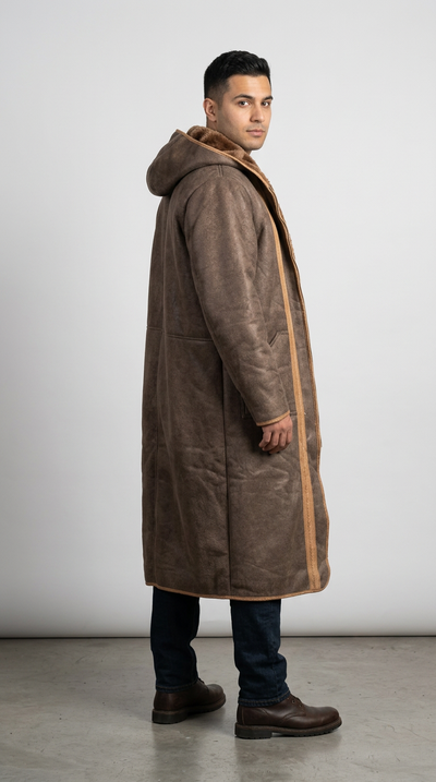 Model wearing a taupe brown Farwa Half Zip Hoody with a long hooded silhouette