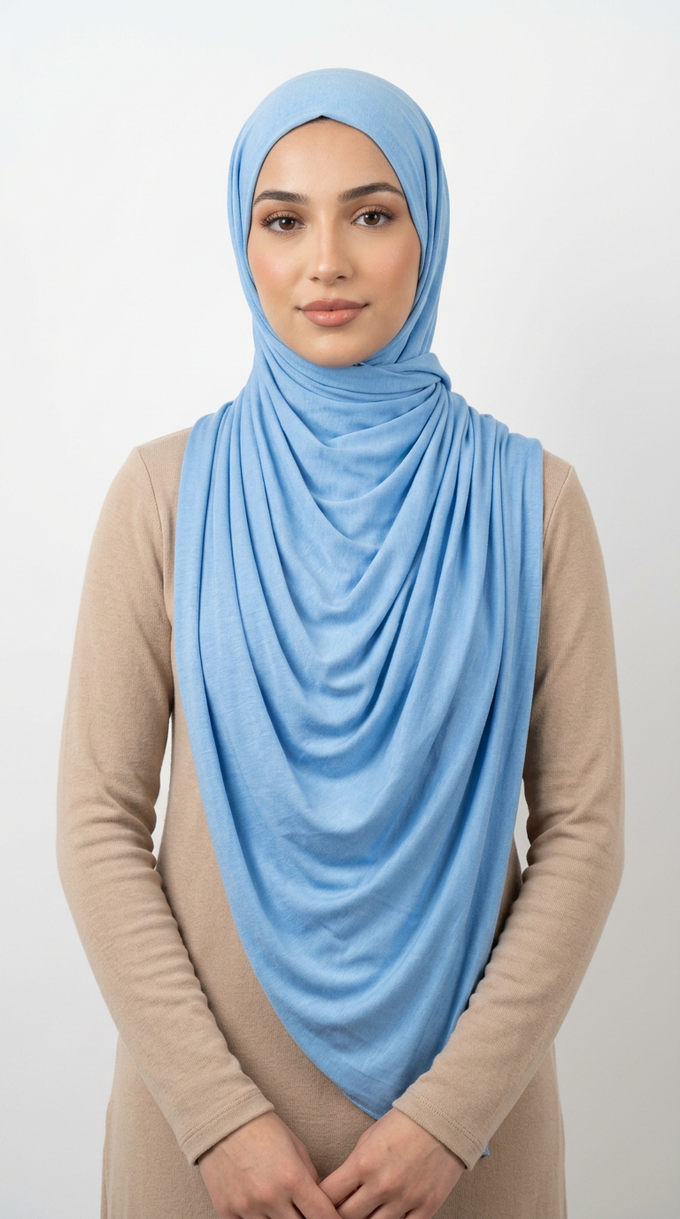 Woman wearing the Sky Blue Big Jersey Hijab with a beige top