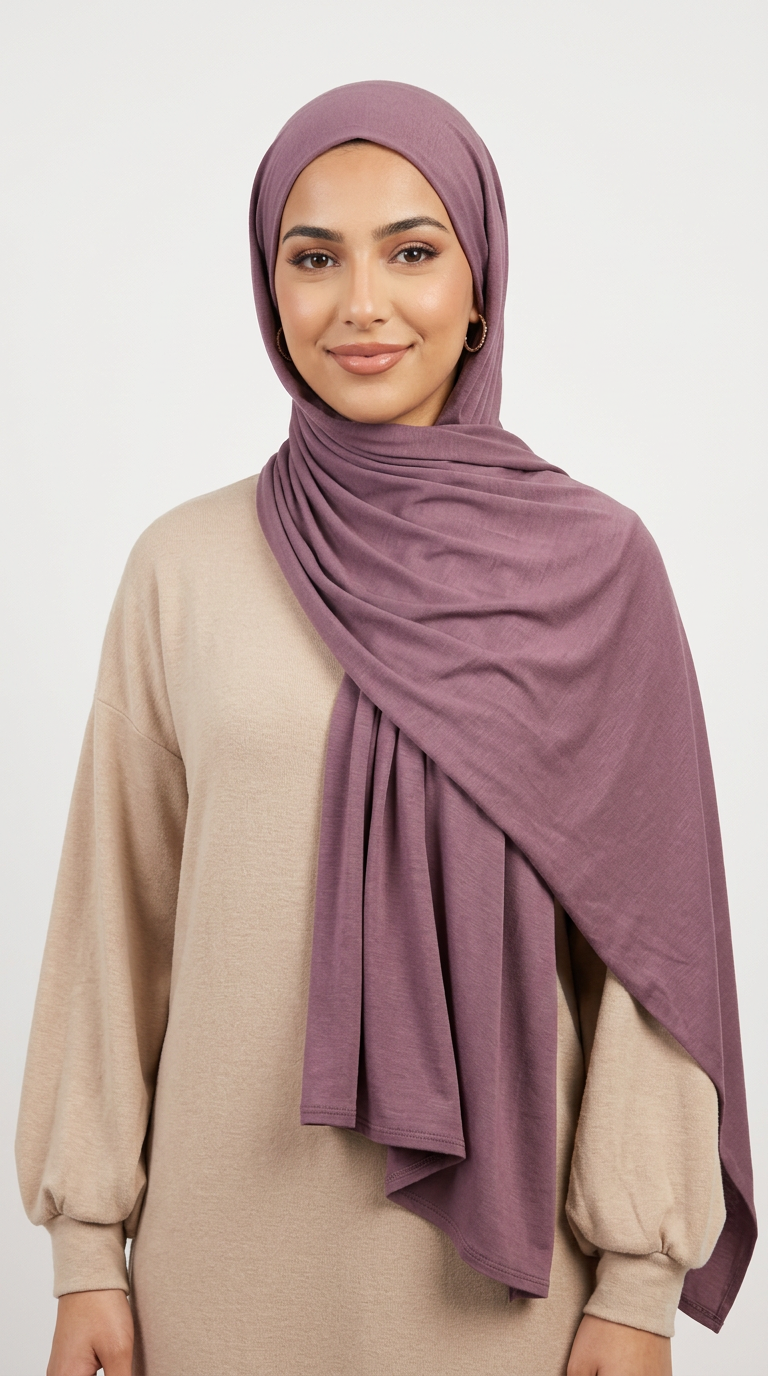 Woman wearing the Redwood Big Jersey Hijab with a beige top