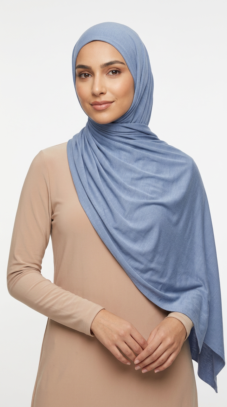 Woman wearing the Pigeon Big Jersey Hijab with a beige top