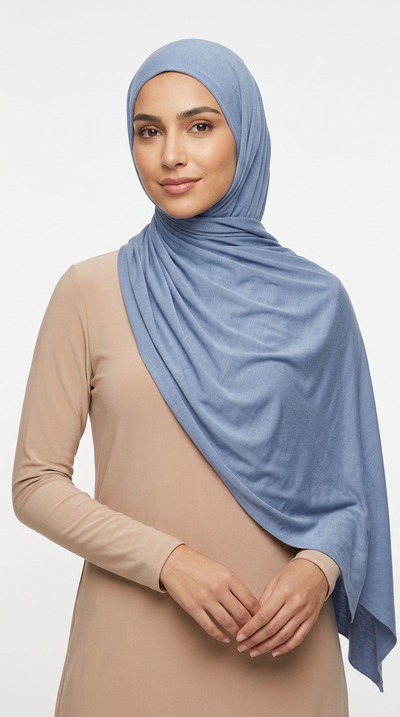 Woman wearing the Pigeon Big Jersey Hijab with a beige top