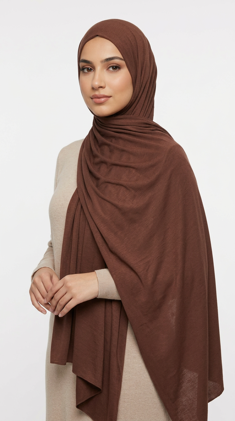 Woman wearing the Syrup Big Jersey Hijab with a beige top