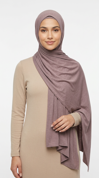 Woman wearing the Ash Big Jersey Hijab with a beige top