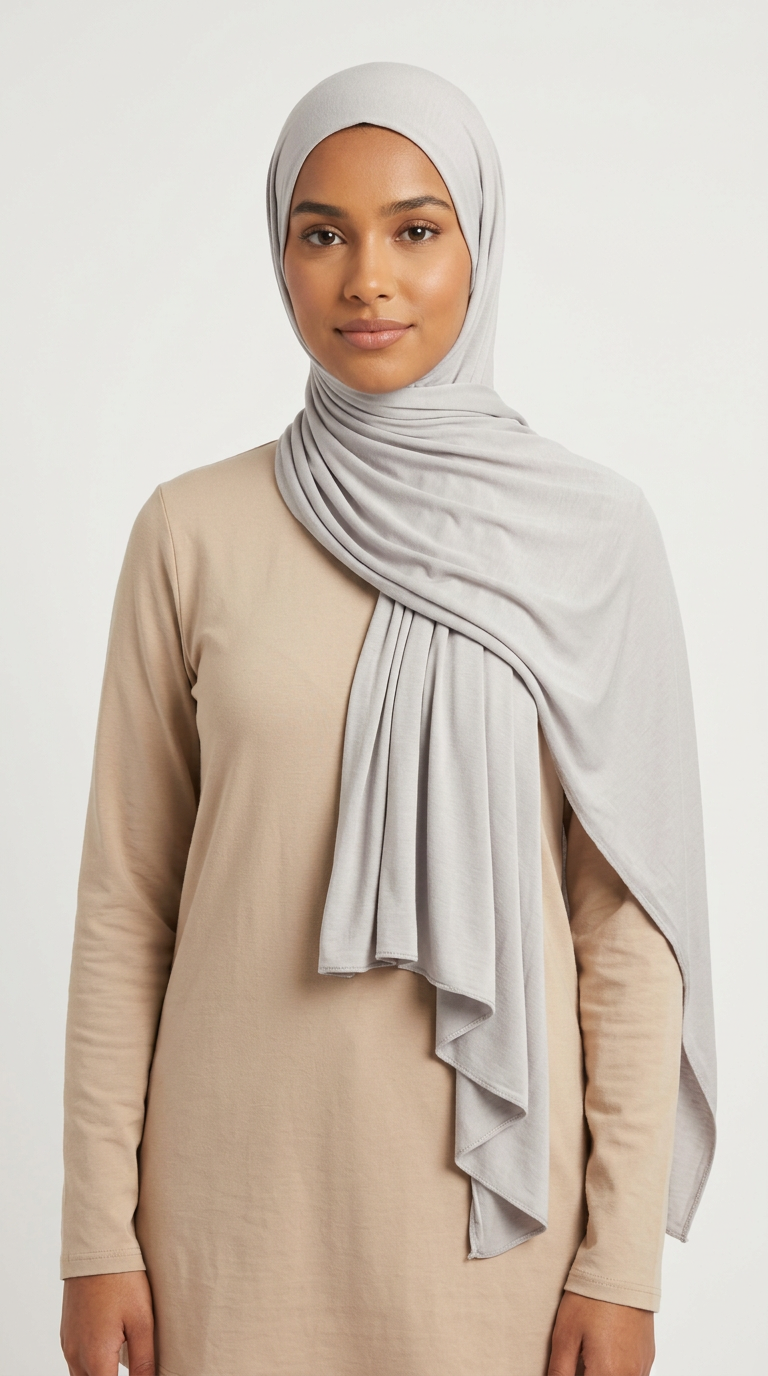 Woman wearing the Cloud Big Jersey Hijab with a beige top
