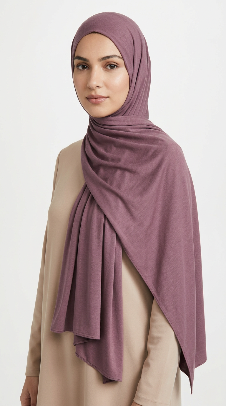 Woman wearing the Redwood Big Jersey Hijab with a beige top