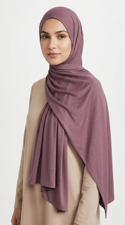 Woman wearing the Redwood Big Jersey Hijab with a beige top