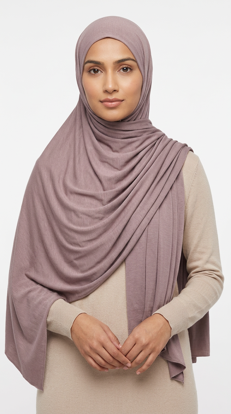 Woman wearing the Ash Big Jersey Hijab with a beige top