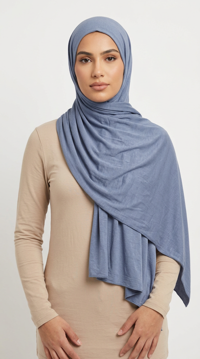 Woman wearing the Pigeon Big Jersey Hijab with a beige top